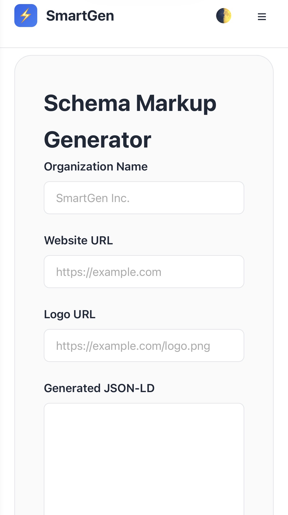 SmartGen Schema Markup Generator Interface