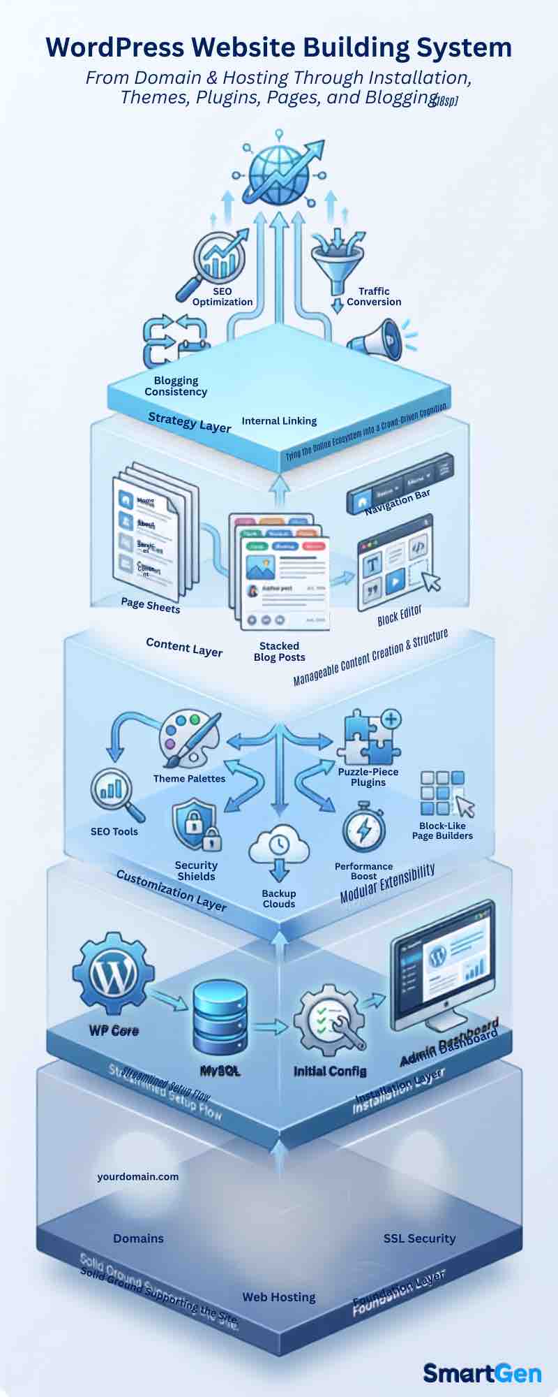 WordPress Website Building System — from domain and hosting through installation, themes, plugins, pages, and blogging